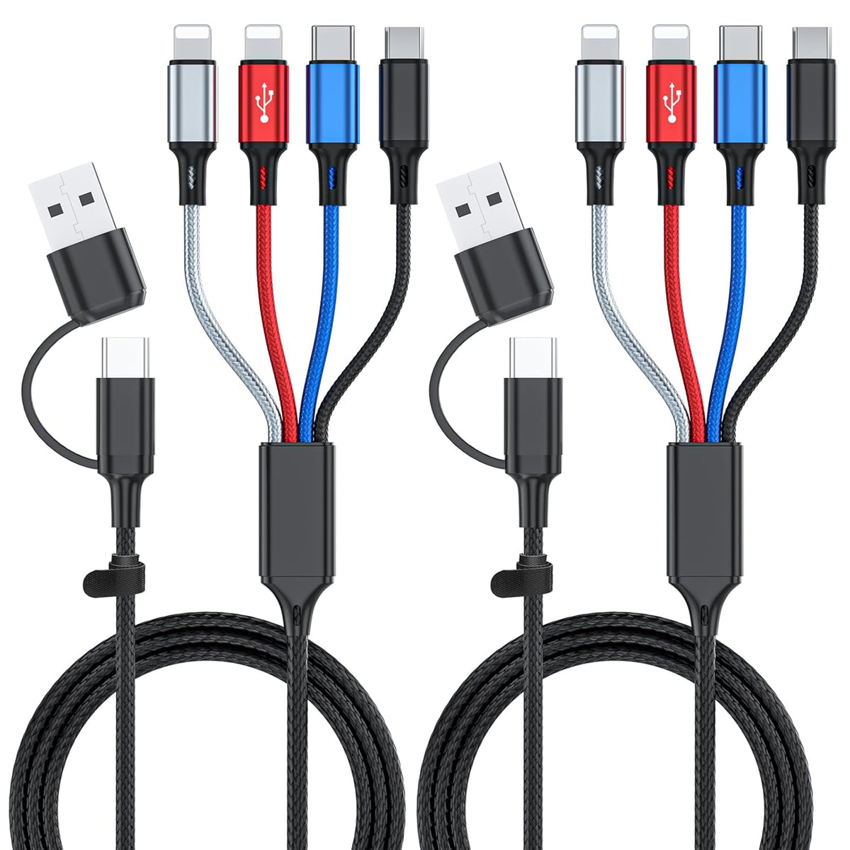 6 in 1 Multi Charging Cable 2Pack - 6FT USB Cable 3A Charger Cable Braided Universal USB A/C Charging Cord With 2*IP/Type C/Micro USB Port for Cell Phone/Tablets