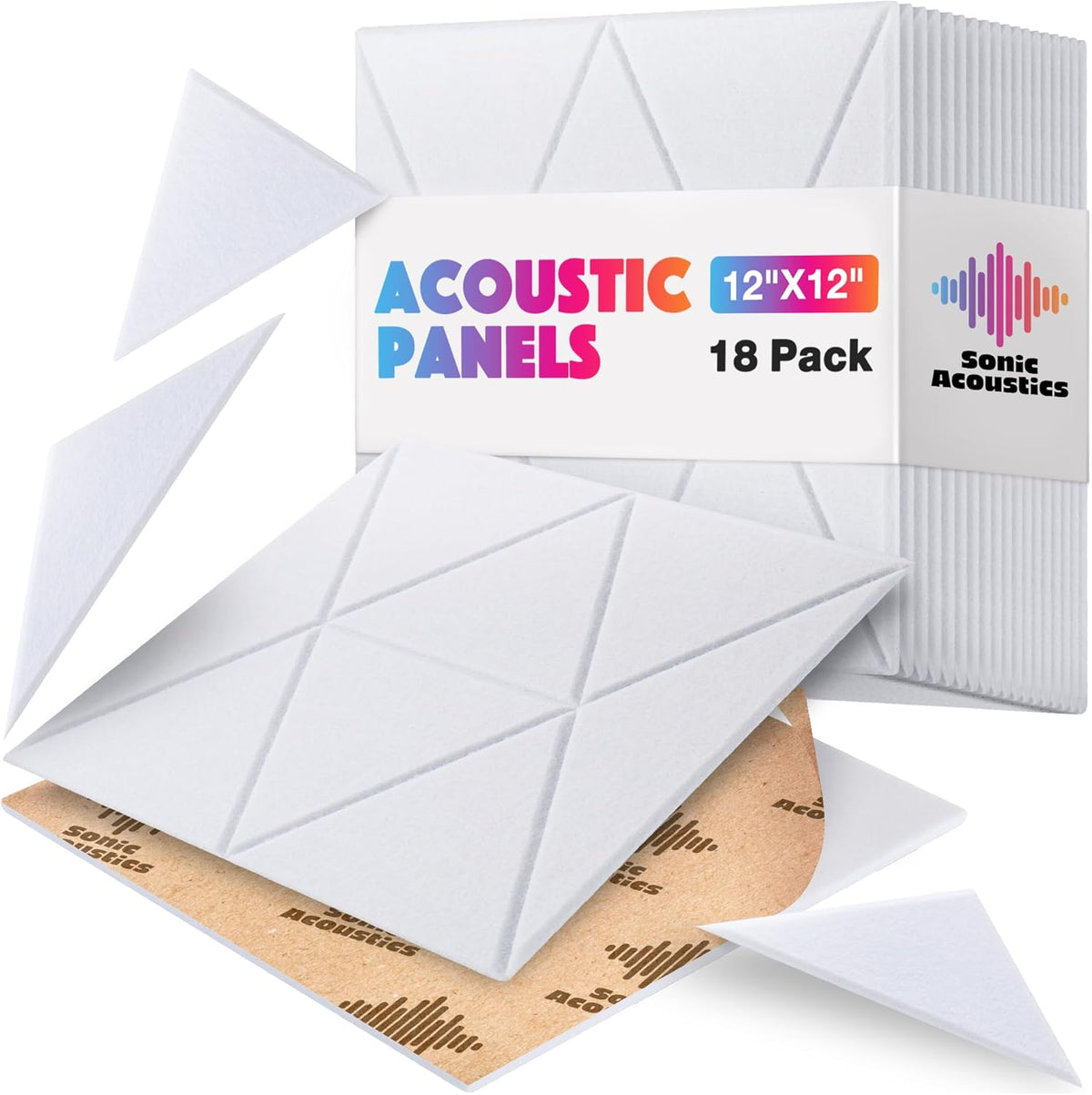 18 Pack Self-Adhesive Acoustic Panels, 12"x 12"x 0.4" Sound Absorbing Panels, High Density Square Sound Proof Noise Dampening Panels for Walls Home Studio Office, Trapezium Cutting Style, White