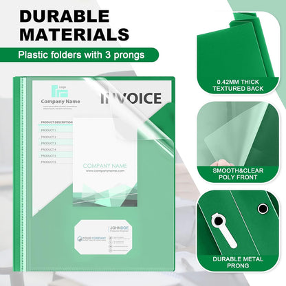Teling 48 Pcs Clear Front Report Covers with 3 Prongs Fasteners, 11.42 x 9.45 Inch Plastic Book File Covers 90 Sheet Capacity, Presentation Folder with Green Back Cover for Office Business