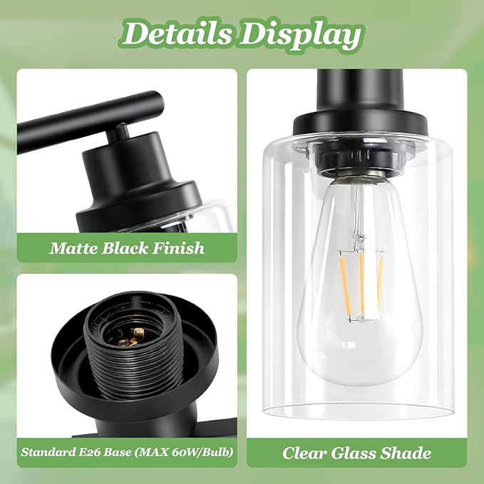 Guliaofo 6-Light E26 Black Bathroom Vanity Lights, Modern Bathroom Light