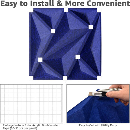 Art3dwallpanels Acoustic Panels 20 Pack Soundproof Wall Panels Sound Dampening Panels, 3D Wall Panels Sound Absorbing Panels, 12" X 12", Blue with Tape
