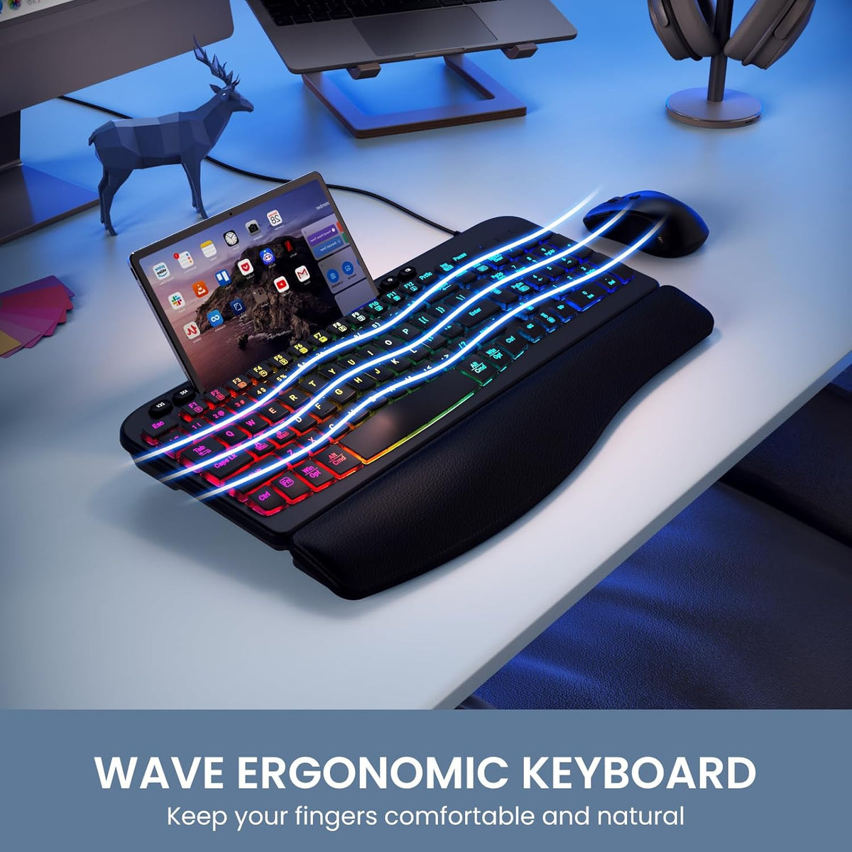Ergonomic Backlit Keyboard with Wrist Rest, 7 Colors USB Wired Computer Keyboard, Wave Keys, with Phone/Tablet Holder, Comfortable Lighted Keyboard for PC, Windows and Mac