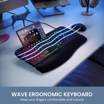 Ergonomic Backlit Keyboard with Wrist Rest, 7 Colors USB Wired Computer Keyboard, Wave Keys, with Phone/Tablet Holder, Comfortable Lighted Keyboard for PC, Windows and Mac