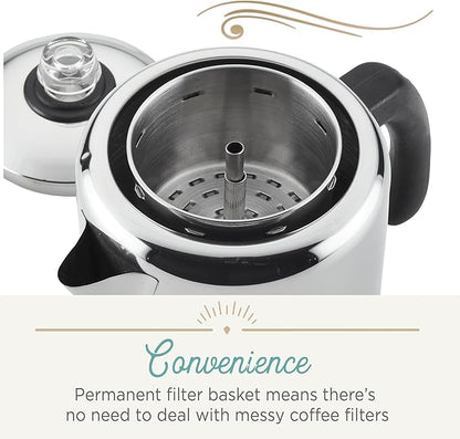 Farberware Classic Stainless Steel Coffee Percolator, 12 Cup, Silver with Glass Blue Knob, 7.28"D x 8.86"W x 10.83"H