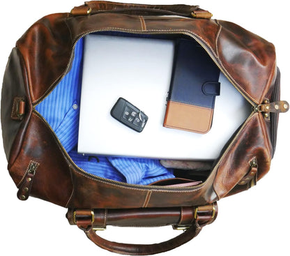 Genuine Full Grain Leather Carry On Travel Bag 21x11x10 with Trolley Straps, Shoe Compartment, Shouler Strap by De Lira
