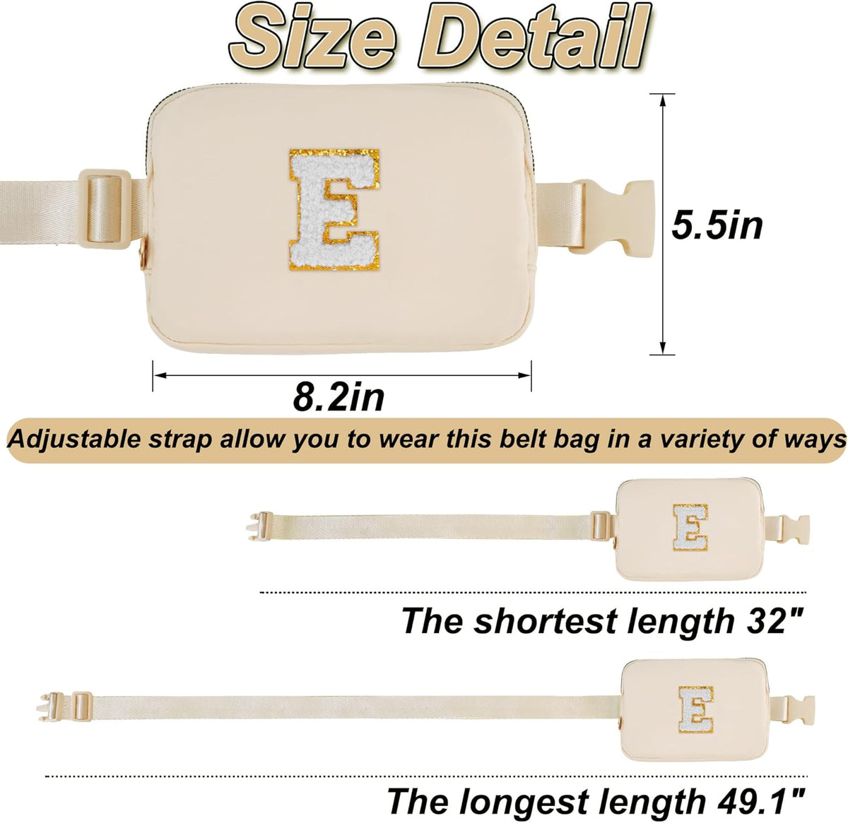 Belt Bag Fanny Pack Crossbody Bags with Initials Cute Stuff Birthday Gifts for Teenager Girls Trendy Stuff for Teens - White E,Khaki Bag