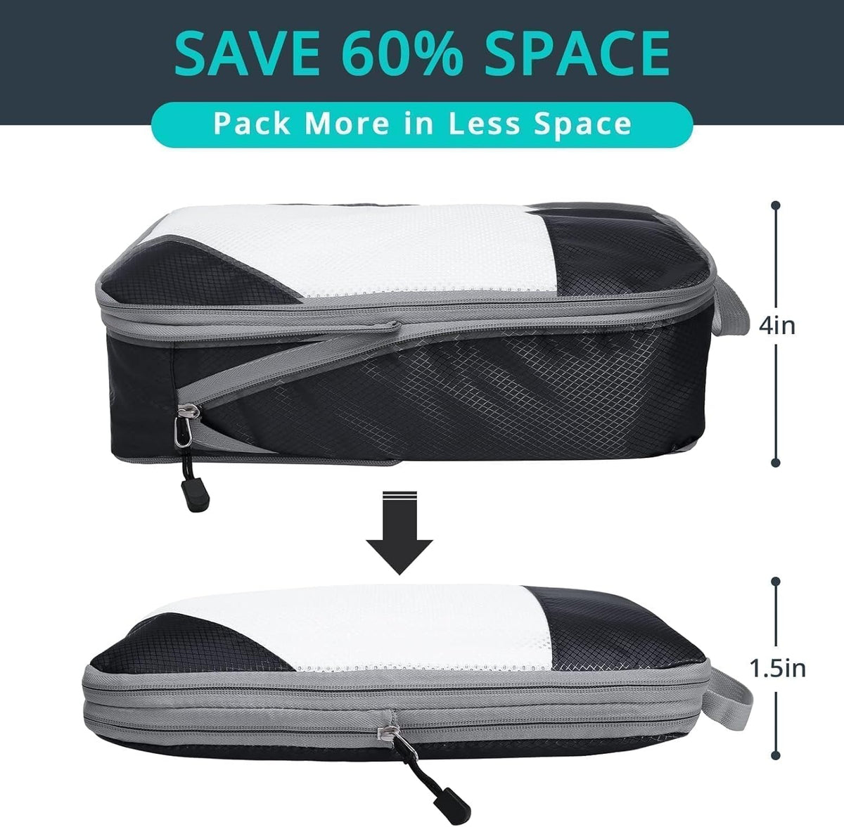 6 Set Compression Packing Cubes for Travel - Compressible, Lightweight, and Space-Saving Packing Cubes, Travel Essentials for Women, Black
