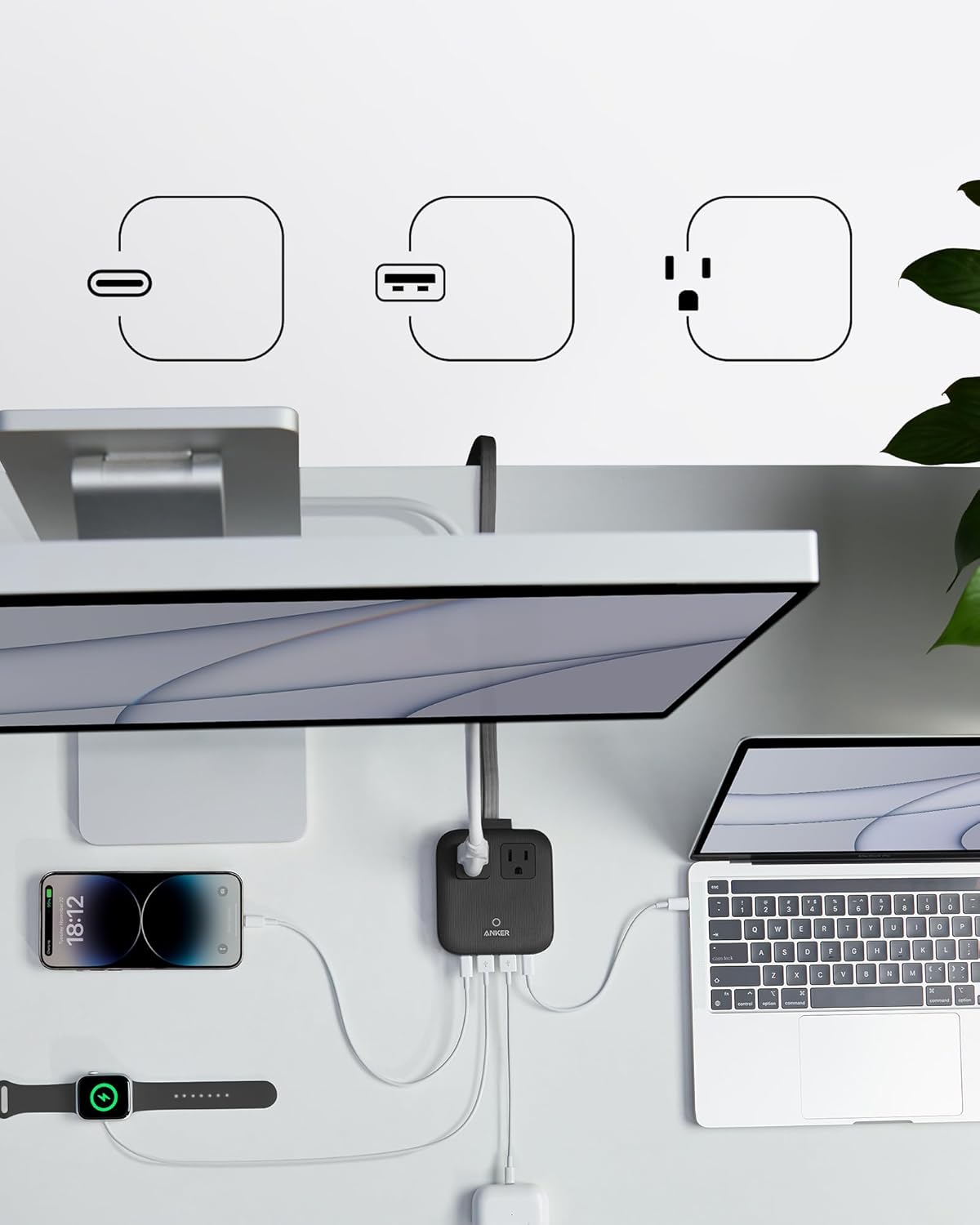 Anker Nano Charging Station(67W Max), 6-in-1 USB-C Power Strip for iPhone 16/15 and MacBook, with Flat Plug and 5ft Thin Undetachable Extension Cord,2 AC,2 USB-A,2 USB-C, for Home&Office
