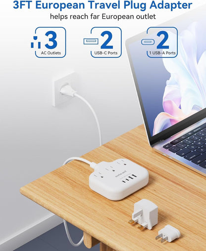 PD30W European Travel Plug Adapter, International Power Strip with 3 Outlets 4 USB Ports(2 USB-C), Universal Travel Adapter with 5ft Extension Cord for EU US UK Europe France Spain