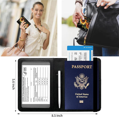 Passport and Vaccine Card Holder Cover Combo,Travel Passport Holder Wallet with RFID Blocking, Leather Vaccine Card Slot Passport Cover Case for Women & Men,Sunflowers-1150