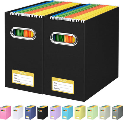 BALEINE File Organizer Box, Cardboard File Folder Organizer with Handle for Letter Size, Portable Collapsible Hanging Filing Box for Home Office Document Storage (2 Pack, Black)