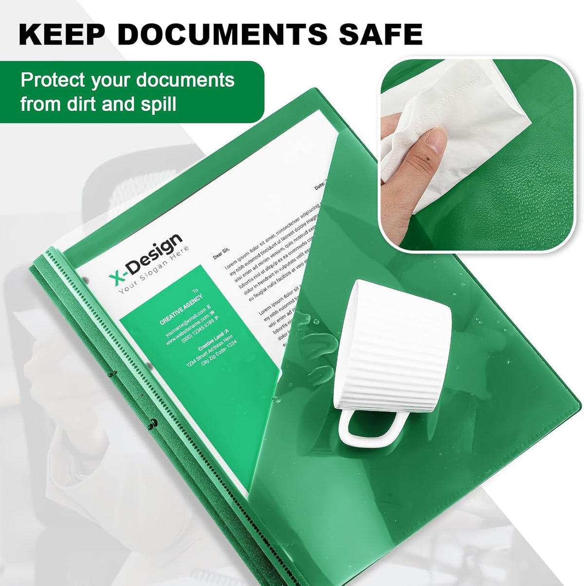 Teling 48 Pcs Clear Front Report Covers with 3 Prongs Fasteners, 11.42 x 9.45 Inch Plastic Book File Covers 90 Sheet Capacity, Presentation Folder with Green Back Cover for Office Business