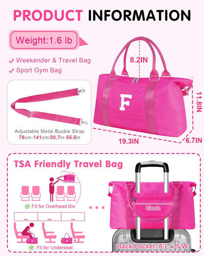 Overnight Bag for Kids Teen Girls Weekender Dance Bag Birthday Graduation Gifts,Initial Travel Duffel Bag Sports Gym Bag Personalized Weekender Bag Carry On Bags Preppy Gifts for Women(Hot Pink, F)