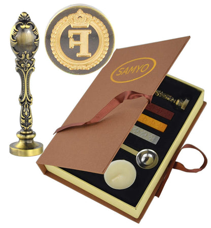 Samyo Creative Romantic Stamp Maker Classic Old-Fashioned Style Brass Color Wax Seal Sealing Stamp Vintage Antique Alphabet Initial Letter Set - (Letter F)