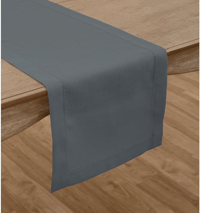 Solino Home Linen Hemstitch Table Runner 60 Inches - 100% Pure Linen Dark Grey Table Runner 14 x 60 Inch Ideal for Dresser and Coffee Tables - Classic Hemstitch