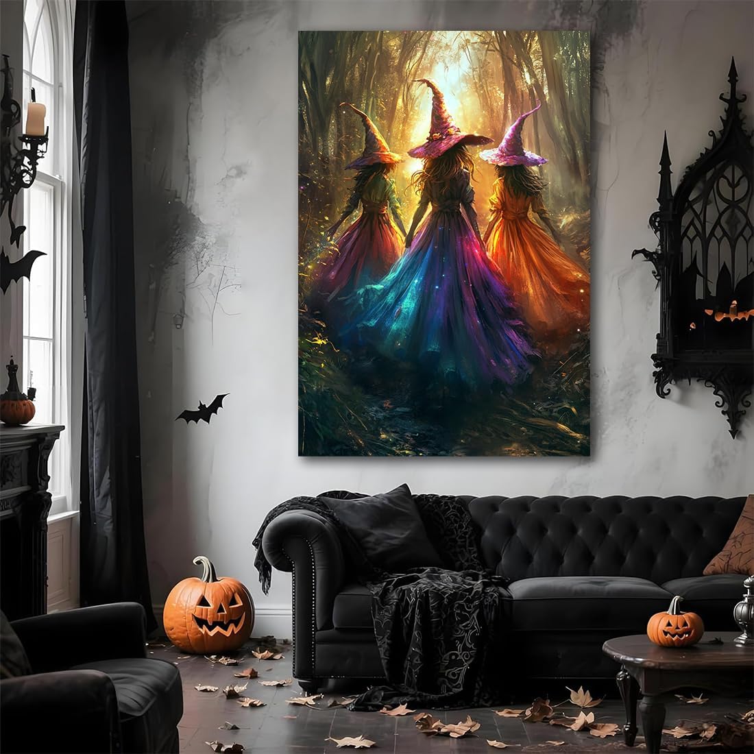 Halloween Room Decor Wall Art Colorful Witch Prints,Vintage Three Colorful Witches in Forest Halloween Posters,Fall Fantasy Aesthetic Pictures Playful Art Wall Decor for Bedroom,24"x36" Unframed