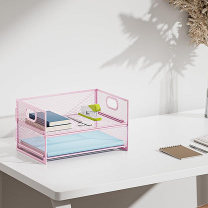 Marbrasse 2 Tier Paper Organizer Letter Tray, Mesh File Organizer with Handle, Paper Sorter Desk Organizer for Home Office Supplies - Pink