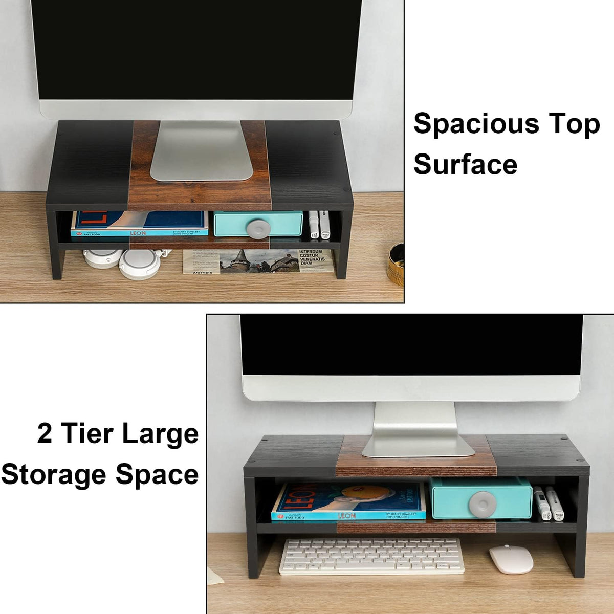 TEAMIX 2 Tiers Desktop Monitor Stand Riser 20 Inch Printer Stand with Storage Small TV Riser Laptop Wooden Desk Organizer Shelf Bookshelf (Black+Brown, 2 tiers)