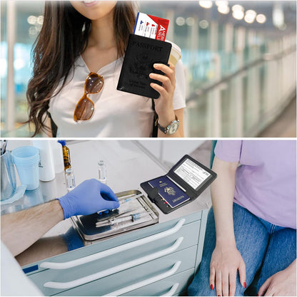 RSAquar Unisex Faux Leather Passport and Vaccine Card Holder Combo, Black, Slim and Lightweight with RFID Blocking Technology