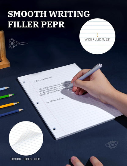 Loose Leaf Paper Wide Ruled, 8-1/2 x 11 In, 400 Sheets Filler Paper for 3-Ring Binder, Double-Printing Lined Paper, 3-Hole Punched Notebook Paper Binder Paper 8.5'' x 11'', 4 Pack, 100 Sheets/Pad