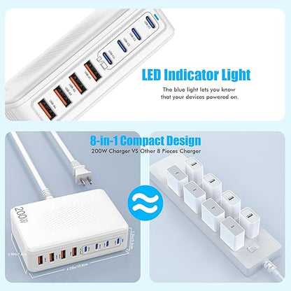 USB C Charger Block, 200W GaN 8 Port USB C Charging Station USB Hub Block Cube