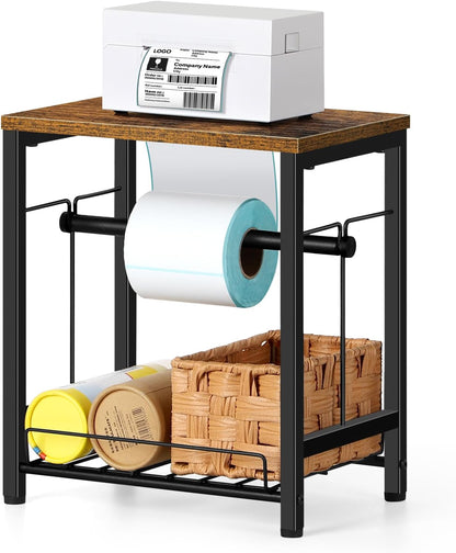 Label Holder Thermal Shipping Label Holder for Rolls & Fan-Fold, Sticker Roll Holder with Basket Desktop Label Roll Dispenser Accessory for Home, Office, Small Business, Rustic Brown