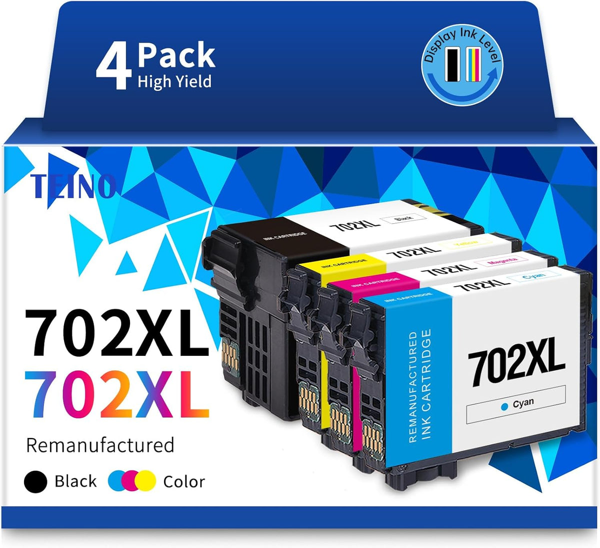 TEINO 702XL Ink Cartridges Combo Pack Remanufactured Ink Cartridge Replacement for Epson 702 XL 702XL T702XL for Epson Workforce Pro WF-3720 WF-3733 WF-3730 Printer (Black Cyan Magenta Yellow, 4-Pack)