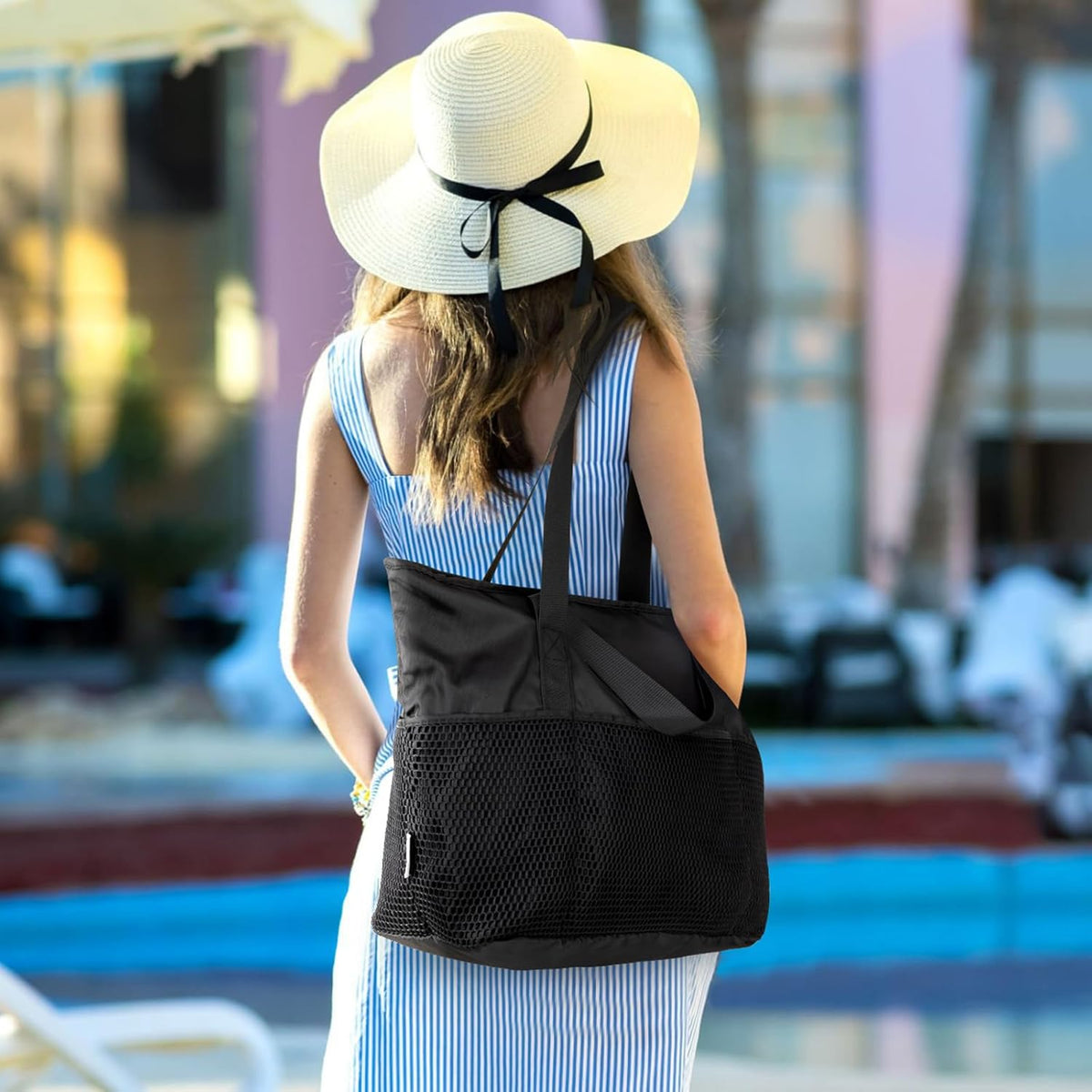 KABAQOO Large Beach Bag Waterproof Sandproof Tote Bag for Women with Zipper & Mesh Pockets for Pool Swim Travel Everyday
