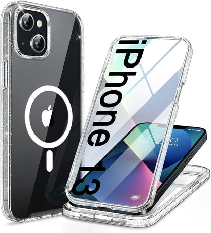 Miracase for iPhone 13 Case 6.1'', [Bubble Free] Full-Body Bumper Phone case with Built-in Full Glass Screen,No Gap,Compatible with MagSafe,Drop Proof 13 Cover,Clear Glitter
