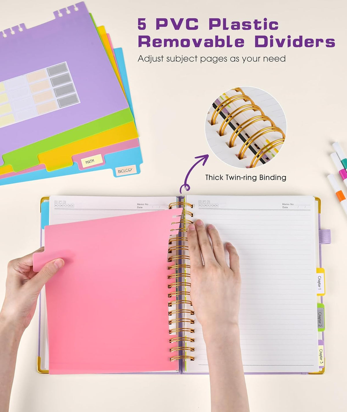 Hardcover Spiral Notebook journal with Removable Dividers Tabs, 300 Pages Leather 5 Subject Notebook College Ruled, 8"x10" Large B5 Notebooks for Work School Note taking,Lined Journal for Women,Purple
