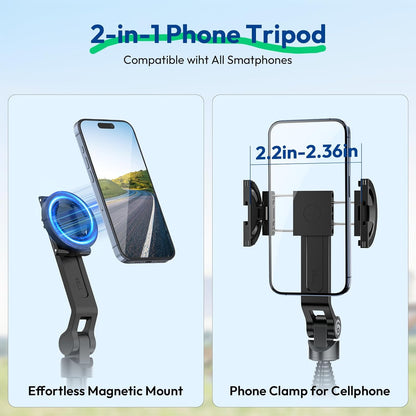 ULANZI TT88 Magnetic Tripod for iPhone, 57" Extendable Selfie Stick with Remote, 2-in-1 Phone Clip & Dual Cold Shoe Mounts - Lightweight Phone Tripod Stand for Vlogging, Travel, Video Recording, Black