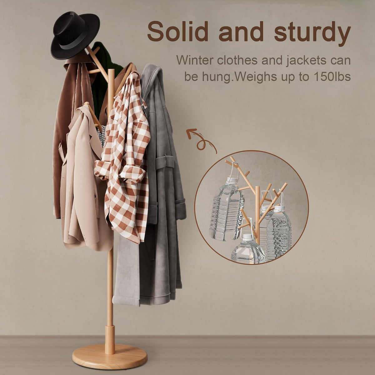 Coat Rack,Solid Wood Coat Rack Freestanding with 12 Hooks,Coat tree freestanding 3 Adjustable Heights for coat, Hats, Handbags，Coat Stand for Entryway,Bedroom (Natural)