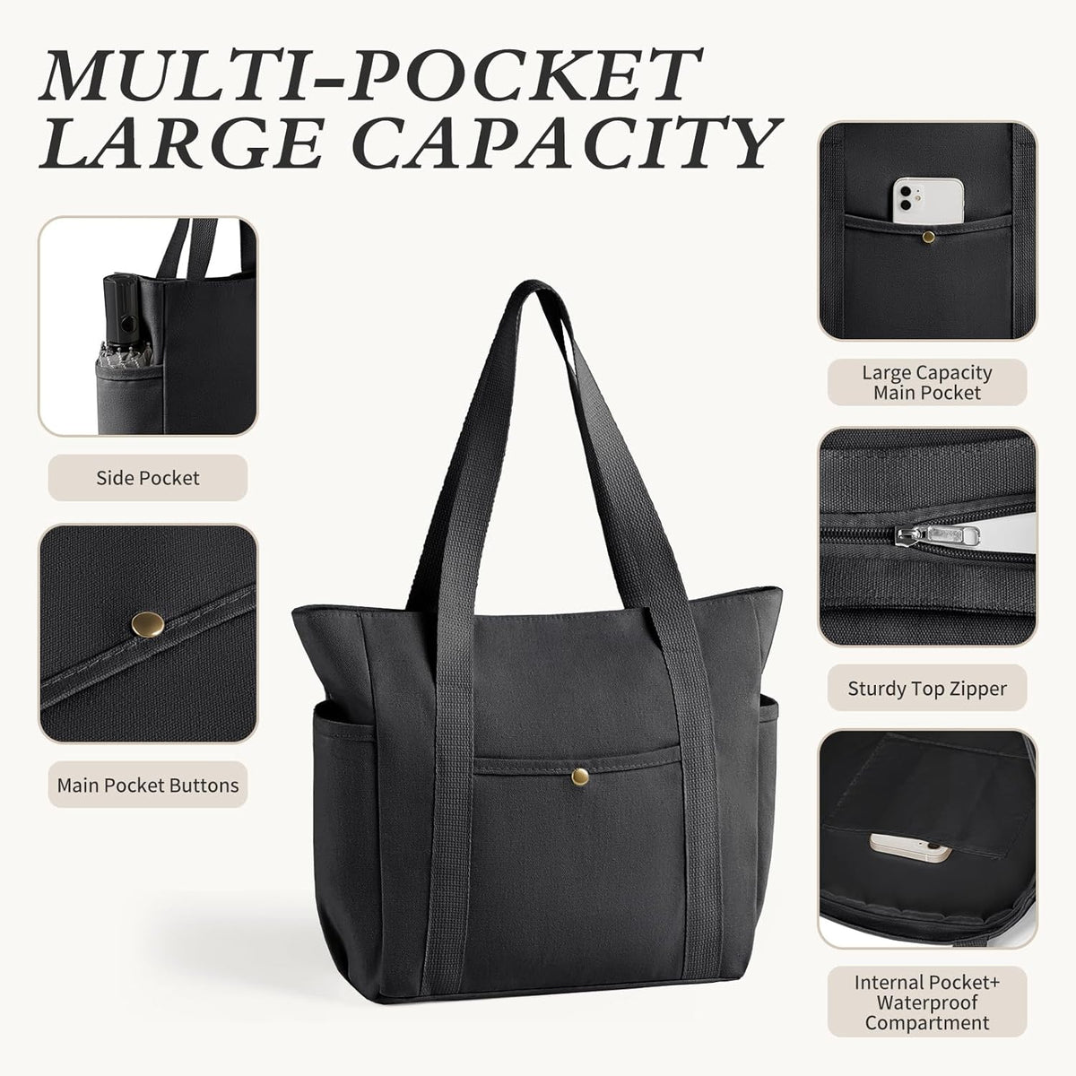 MeZQ Zippered Canvas Utility & Travel Tote Bag for Women - Multi-Pocket Compartments | car bag hooks,makeup bag,car hooks
