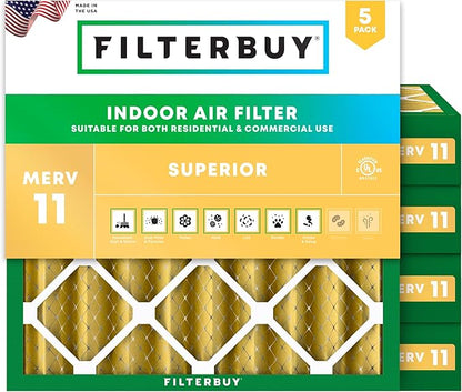 Filterbuy 25x25x4 Air Filter MERV 11 Superior Pet & Allergy Defense (5-Pack), Electrostatic Pleated HVAC AC Furnace Filters Replacement, Made in USA (Actual Size: 24.50 x 24.50 x 3.63)