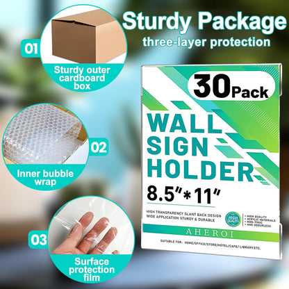 Aheroi 30Pcs Acrylic Sign Holder 8.5 x 11, Clear Wall Sign Holder 8.5 x 11 Wall Mount with 60 Tape, No Drilling Acrylic Wall Frame Paper Holder Document Holder for Office Home Restaurant