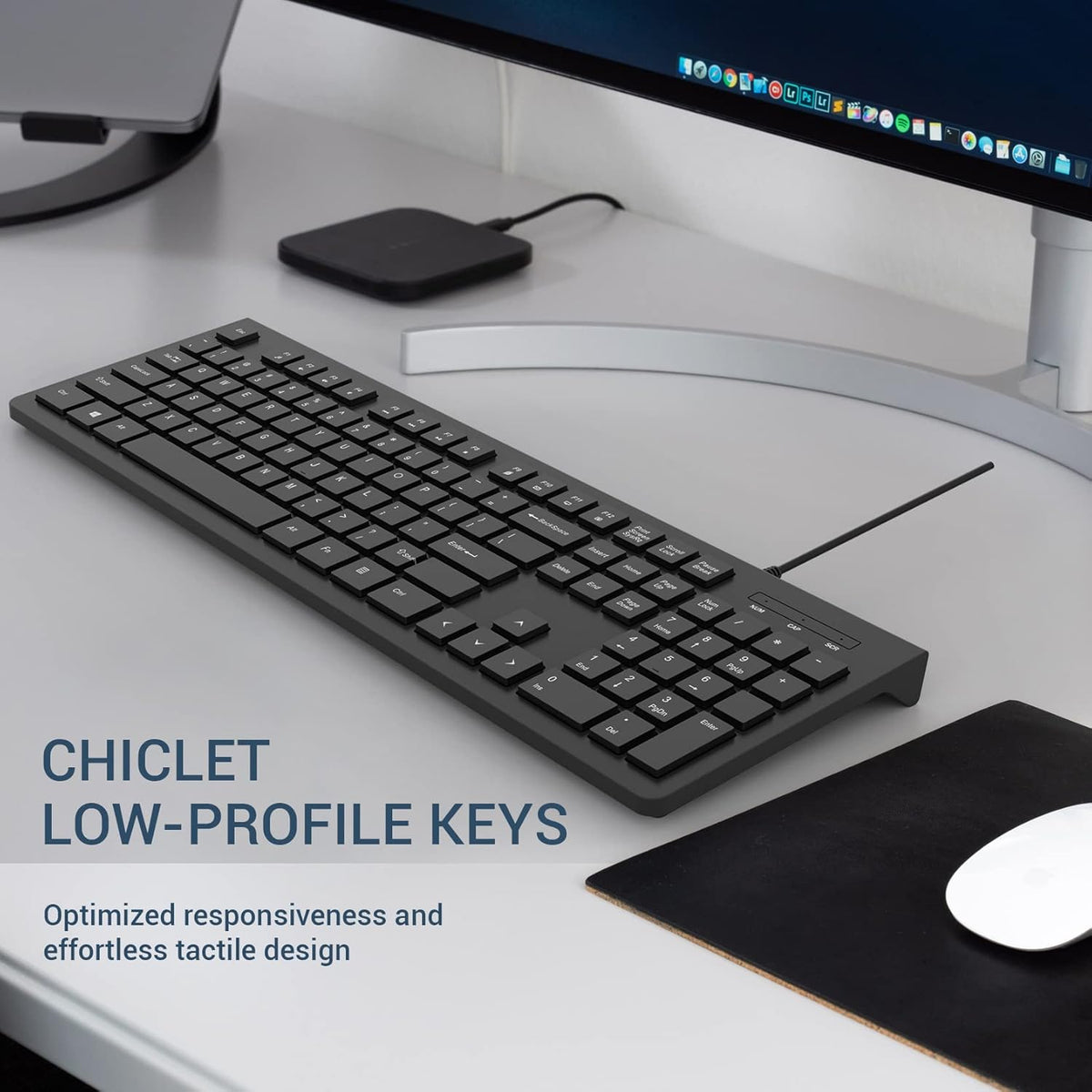 Computer Keyboard Wired, Plug Play USB Keyboard, Low Profile Chiclet Keys, Large Number Pad, Caps Indicators, Foldable Stands, Spill-Resistant, Anti-Wear Letters for PC Laptop (Black, 1-Pack)