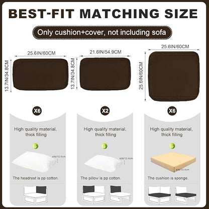 Patio Sectional Cushions, 14-Piece Replacement Cushions for Outdoor Furniture, Water-Resistant Outdoor Sofa Cushion for 6-Seat Rattan Wicker Sectional Conversation Sets (Coffee)