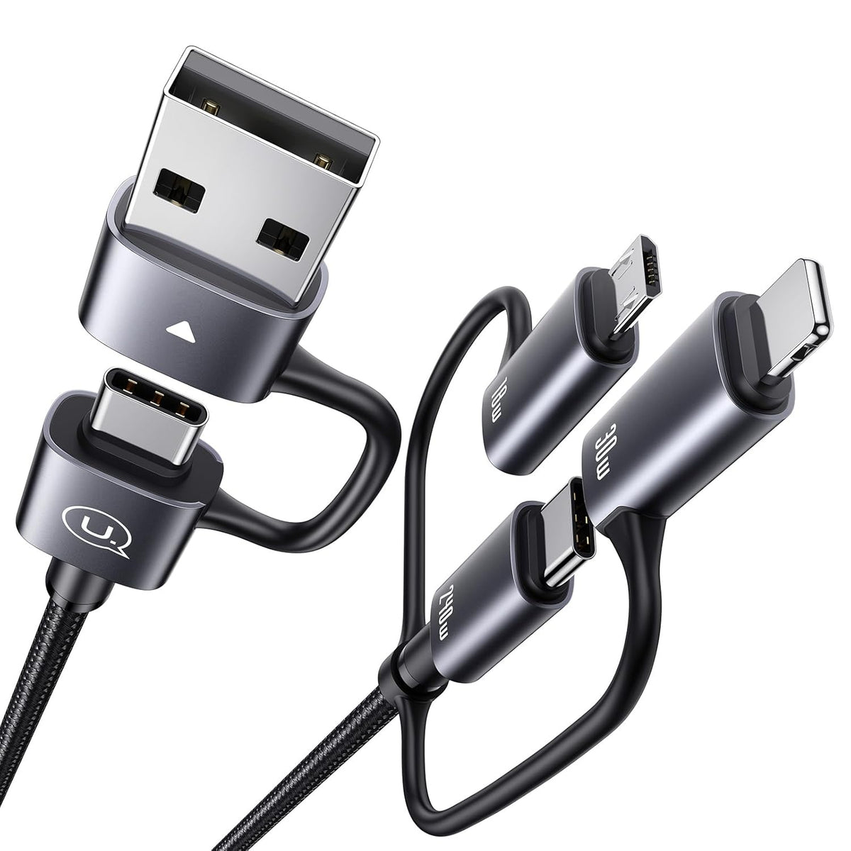 240W Multi Charging Cable, 4ft 6-in-1 USB C Cable Fast Charging Cords with USB-C/A Ports to IP/Type C/Micro Connectors for Pad/Cell Phones/Tablets/Laptop