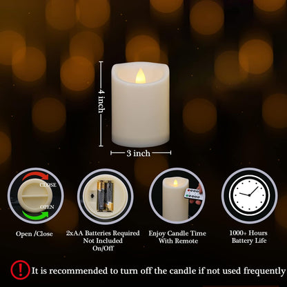 3" x 4" Single Flickering Flameless Candles with Remote and Timers, Waterproof Outdoor Indoor Battery Operated LED Pillar Candles for Home/Wedding Decor, Ivory Plastic, Won't Melt