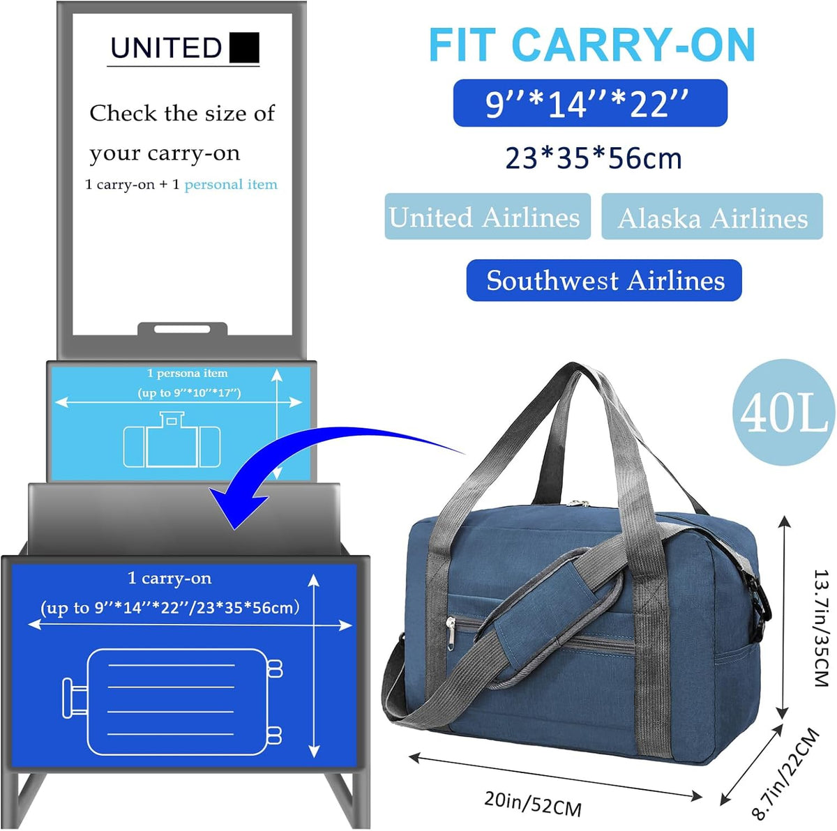 Foldable Carry on Luggage Bag 22x14x9 Personal Item Bag for Airplanes Travel Duffel Bag for Women and Men (40L, Navy)