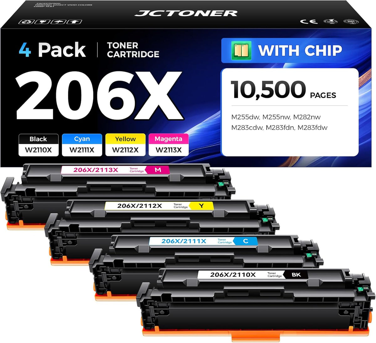206X Toner Cartridge Set 4-Pack High Yield Replacement for HP 206X W2110X W2111X W2112X W2113X Compatible for HP Color Laserjet Pro MFP M283cdw M283fdn M283fdw M282nw M255dw M255nw Printer Ink 206A