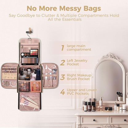 Hanging Toiletry Bag & Makeup Bag for Women with Jewelry Organizer - TSA Approved Large Capacity Travel Cosmetic Organizer, Waterproof Shower Essentials Case with Transparent Pockets, Beige