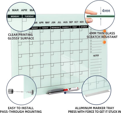 TSJ OFFICE Glass Calendar Whiteboard - 36 x 24 Inches Wall Mounted Monthly Dry Erase Calendar for Wall, Large Magnetic Glass White Board for Office, Home & School