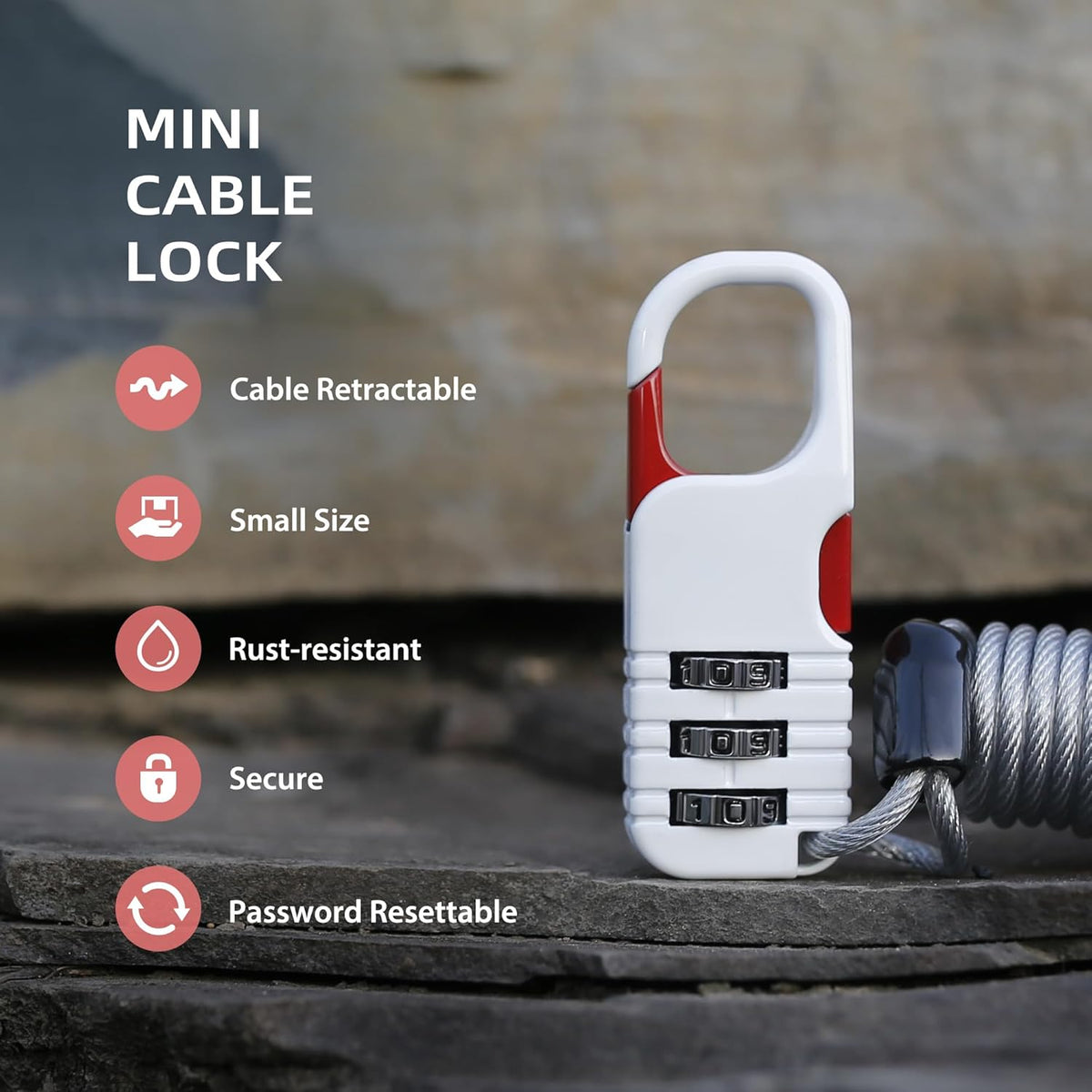 Combination Lock with Retractable Cable, Small Cable Lock with Code, Mini Padlock Combination, for Travel Luggage, Suitcases, Backpack, Bag Zipper, Bicycle, Motorcycle Helmet Anti Theft
