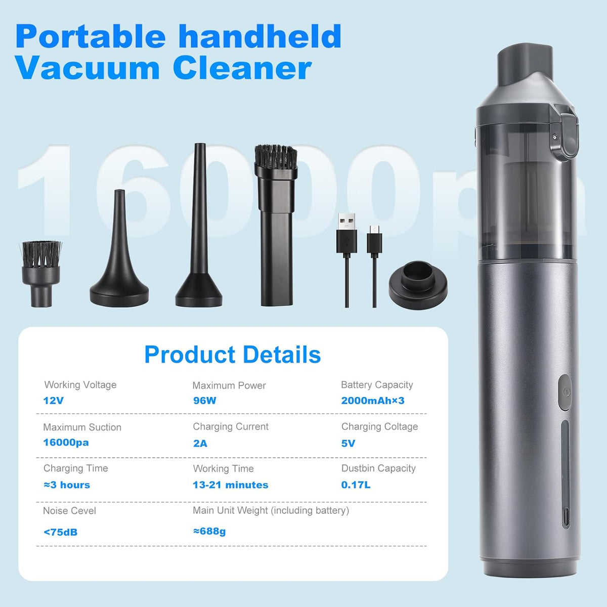 Mini Car Vacuum Cleaner, USB Charging, 4-in-1 Portable Handheld Cordless Vacuum Cleaner, 16,000pa Suction, 2 Suction Modes for Car, Home and Pet Hair