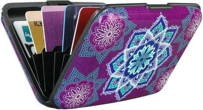 ELFISH Mini RFID Aluminum Wallet Credit Cards Holder Business Card Case Metal ID Case for Men Women (Purple flower)