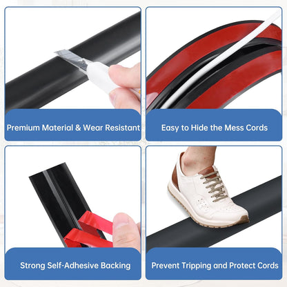Floor Cord Cover Self Adhesive Cord Hider Floor Extension Cord Covers for Floor Power Cord Protector Cable Management Prevent Cable Trips Cable Cavity 0.59" W x 0.31" H (Black, 10Ft)