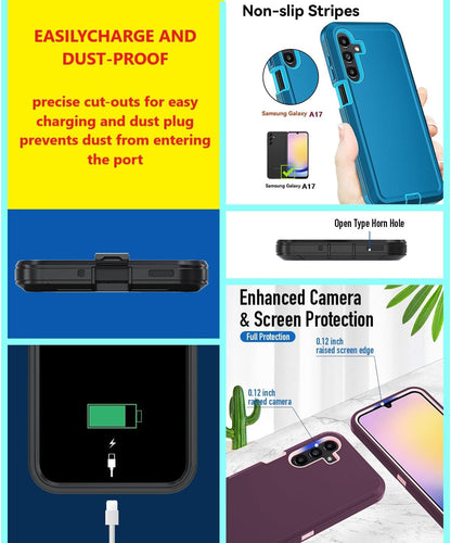 for Samsung Galaxy A17 5G case,A16 5G Heavy Duty case,with A Tempered Glass Screen Protector, [Military Grade Protective ] [Shockproof] [Dropproof] [Dust-Proof] (with Belt Clip-Blue Green)