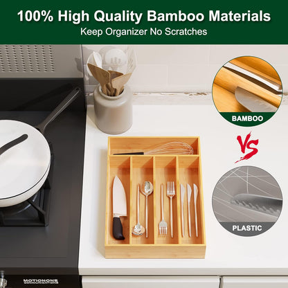 Bellsal Utensil Organizer 10 Inch Silverware Tray for Drawer Utensil Holder Cutlery Organizer Kitchen Drawer Organizer 5 Compartment Small Narrow Bamboo