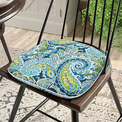 Magpie Fabrics Outdoor/Indoor 17"x16"x2" Chair Cushions with Ties Set of 2, Waterproof All Weather U-Shape Seat Pads Decoration for Patio Garden Furniture Home Office (Paisley Lapis Green)